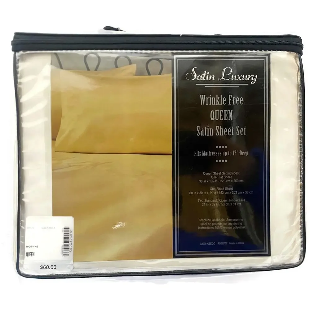 Keeco Wrinkle Free Queen Satin Sheet Set Tan Ivory NIB